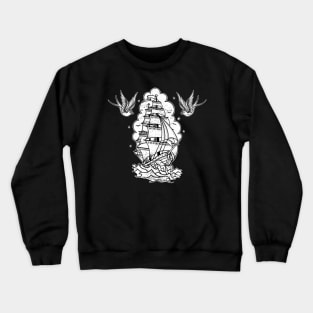 Distressed Traditional Tattoo Sailing Ship and Swallows Crewneck Sweatshirt